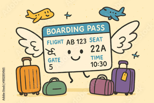 Whimsical Travel Adventure. Playful boarding pass with tiny doodle wings, surrounded by luggage and tiny smiling airplanes