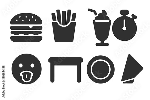 Giant Burger Feast. Solid style icons of Food Challenge: Giant Burger, Fries, Milkshake, Stopwatch, Hungry Face, Table, Plate,