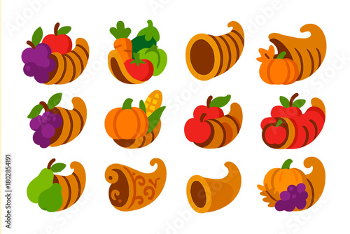 Vibrant Cornucopia Icons. Flat vector icons of cornucopias: traditional cornucopia with fruits, cornucopia with vegetables, woven