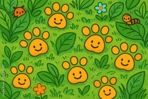 Cheerful Forest Floor. Smiling paw prints scattered across a cheerful doodle forest floor, tiny critters peeking from leaves