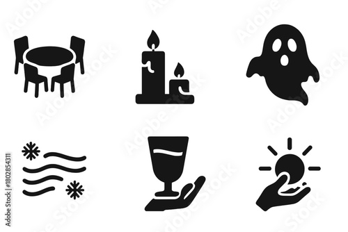 Paranormal Gathering Icon Set. Solid style icons of Paranormal Gathering: Round Table, Candle Set, Closed Eyes, Spirit Presence,