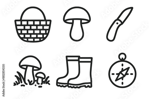 Mushroom Foraging Essentials. Line style icons of mushroom foraging basics: basket, mushroom, knife, forest floor, boots, compass.