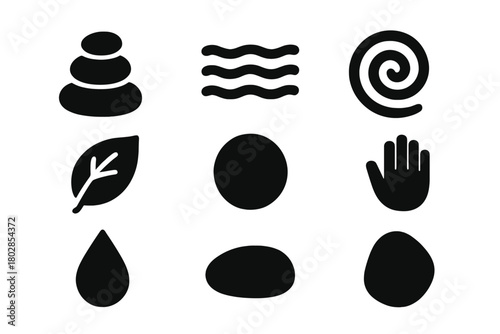 Mindful Outdoor Icons. Solid style icons of Mindful Outdoor Art: Stones, Sand, Spiral, Leaf, Circle, Hand, Water Drop, Pebble, No