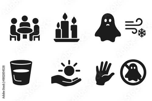 Paranormal Gathering Icon Set. Solid style icons of Paranormal Gathering: Round Table, Candle Set, Closed Eyes, Spirit Presence,