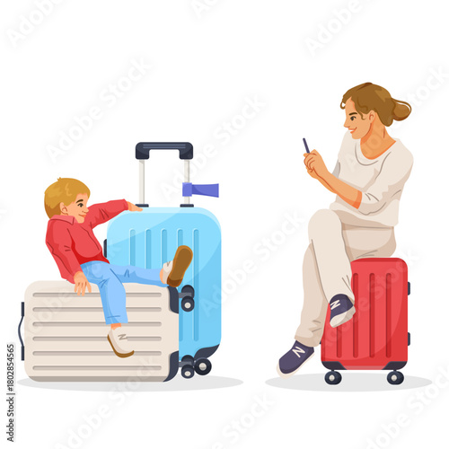 Woman using smartphone and boy playing while sitting on travel suitcases, flat cartoon style on white background. Concept of family travel. Vector illustration