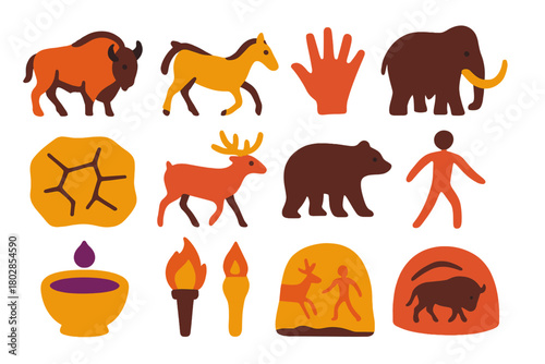 Cave Art Icons. Flat vector icons of Cave Murals: bison, horse, handprint, mammoth, rock wall, deer, bear, human figure, pigment,