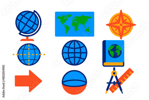 Flat Atlas Icons. Flat vector icons of Atlas: globe, world map, compass rose, navigation lines, meridian, longitude, latitude,