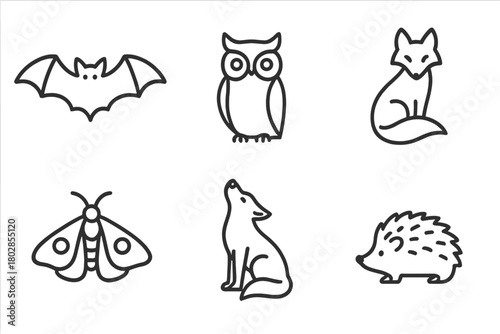 Nocturnal Animals Icons. Line style icons of nocturnal animals: bat, owl, fox, moth, wolf, hedgehog. No text, No labels, isolated