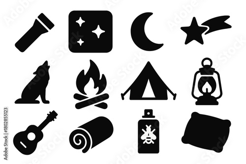 Night Camping Icons. Solid style icons of night camping: flashlight, starry sky, crescent moon, shooting star, wolf silhouette,