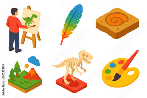 Paleoart Dinosaur Icons. Isometric vector illustration set Paleoart: Dinosaur Reconstruction, Feather, Fossil Reference, Ancient