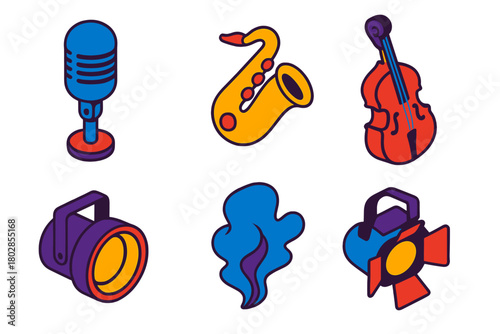 Jazz Club Icons. Isometric vector illustration set Jazz Club: Microphone, Saxophone, Double Bass, Spotlight, Smoke, Stage Lamp. No