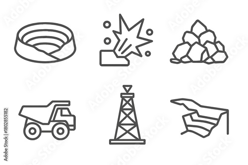 Surface Mining Icons. Line style icons of surface mining: open pit, quarry, blasting symbol, rock pile, heavy truck, drilling