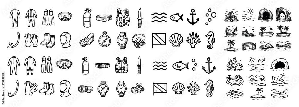 Fototapeta premium Diving and nautical icon set collection
