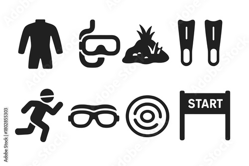 Wetland Challenge Icons. Solid style icons of Extreme Wetland Challenges: Wet Suit, Mask, Peat Bog, Fins, Quirky Race, Goggles,