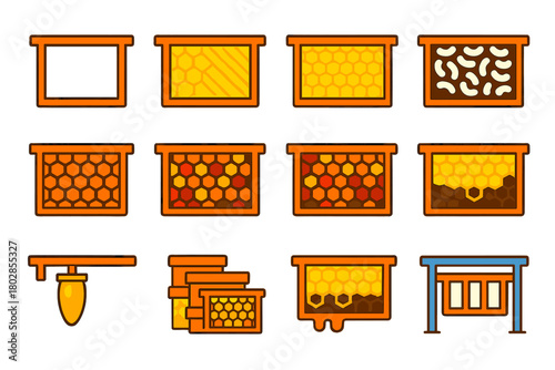 Beehive Frame Icons. Flat vector icons of hive frames: wooden frame, frame with wax foundation, frame with honeycomb, brood frame