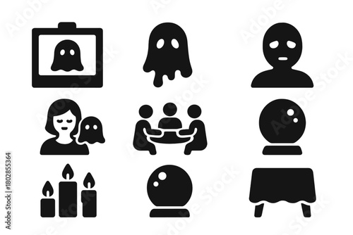 Ghostly Communication Icons. Solid style icons of Ghostly Communication: Spirit Photograph, Ectoplasm, Medium, Séance Circle,