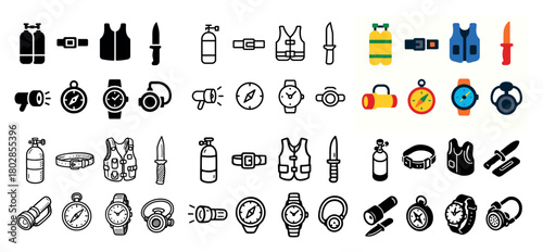 Scuba diving gear icons collection