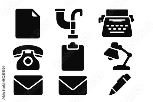 Workplace Technology Icons. Solid style icons of Workplace Technology: File, Pneumatic Tube, Typewriter, Telephone, Clipboard,