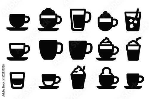 Coffee Icons Collection. Solid style icons of coffee drinks: espresso shot, cappuccino, latte, macchiato, flat white, americano,