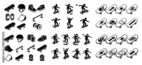 Black and white skateboarding icons set