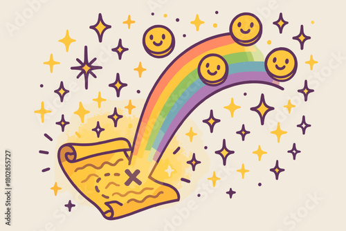 Rainbow Treasure Map. Magical doodle vector design of a glowing treasure map projecting rainbow doodle paths filled with smiling