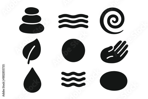 Mindful Outdoor Icons. Solid style icons of Mindful Outdoor Art: Stones, Sand, Spiral, Leaf, Circle, Hand, Water Drop, Pebble, No