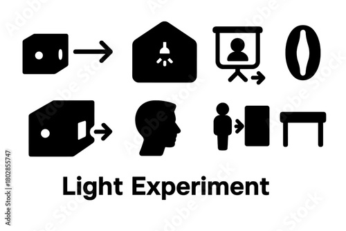 Light Experiment Icons. Solid style icons of Light Experiment: Pinhole, Dark Room, Projected Image, Lens, Camera Obscura, Viewer,