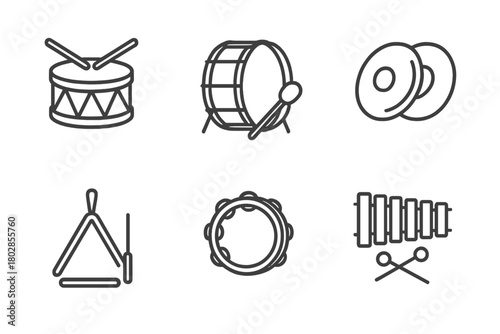 Percussion Instrument Icons. Line style icons of percussion section: snare drum, bass drum, cymbals, triangle, tambourine,