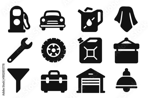 Retro Gas Station Icons. Solid style icons of Old Gas Station Scene: Petrol Pump, Classic Car, Oil Can, Rag, Wrench, Tire, Gas Can
