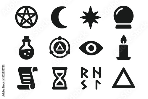 Mystical Icons Collection. Solid style icons of mystical symbols: pentagram, crescent moon, star, crystal orb, potion bottle,