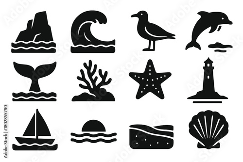 Ocean Icon Collection. Solid style icons of ocean scenery: rocky cliff, crashing wave, seagull, dolphin, whale tail, coral reef,