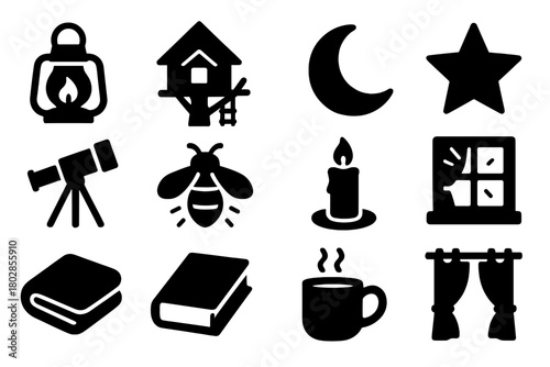 Night Treehouse Icons. Solid style icons of night treehouse: lantern, moon, star, telescope, firefly, candle, glowing window,