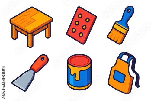 Restoration Tools Icons. Isometric vector illustration set Restoration: Original Surface, Sandpaper, Brush, Paint Scraper, Varnish