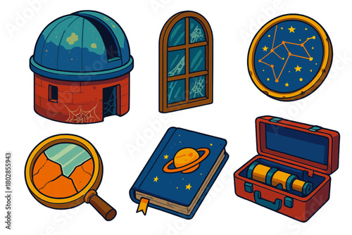 Abandoned Observatory Icons. Isometric vector illustration set Abandoned Observatory: Dusty Dome, Cobwebs, Old Chart, Broken Lens,