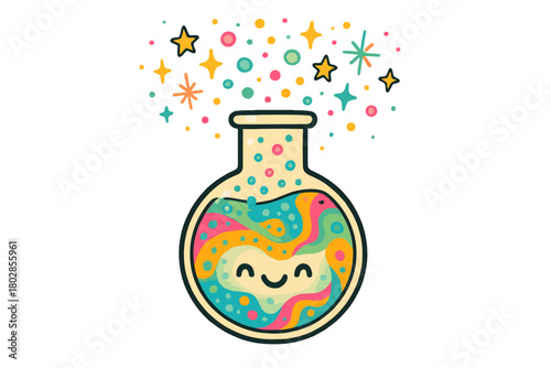 Magical Potion Delight. Smiling alchemy flask bubbling with colorful doodle potions, tiny stars and sparkles floating above