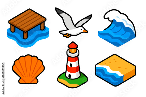 Coastal Icons. Isometric vector illustration set Coastal View: wooden pier, flying seagull, rolling waves, seashell, lighthouse,