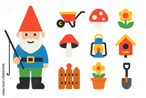 Garden Gnome Icons. Flat vector icons of Garden Gnome: pointy hat, fishing rod, beard, garden, wheelbarrow, mushroom, watering can