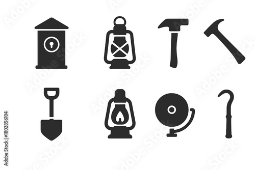 Vintage Safety Icons. Solid style icons of Vintage Safety Devices: Call Box, Lantern, Rope Ladder, Axe, Shovel, Gas Lamp, Signal
