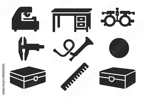 Optician's Workshop Icons. Solid style icons of Optician’s Workshop: Lens Grinder, Wooden Desk, Trial Frame, Caliper Tool, Brass
