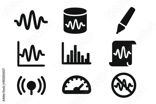 Vibration Analysis Icons. Solid style icons of Vibration Analysis: Wave, Drum, Pen, Graph, Line, Paper Roll, Signal, Meter, No