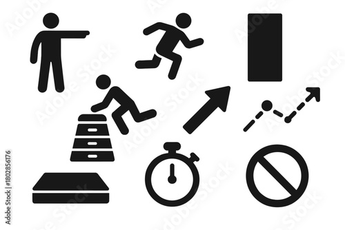 Parkour Icons Set. Solid style icons of Training Parkour: Coach, Student, Wall, Vault Box, Mat, Stopwatch, Arrow, Diagram, No text