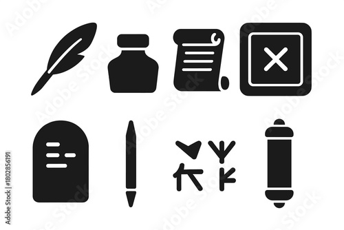 Ancient Writing Icons. Solid style icons of Ancient Writing: Quill, Ink Bottle, Papyrus Roll, Wax Tablet, Stone Tablet, Stylus,