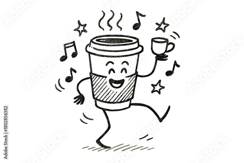 Dancing Zarf Delight. A doodle of a zarf with long legs dancing joyfully while balancing its coffee cup, as cheerful notes and