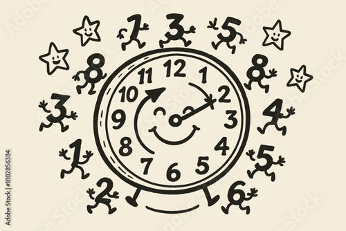 Cheerful Dancing Clock. doodle of a smiling clock whose hands spin widdershins, with cheerful numbers dancing in the opposite