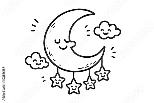 Smiling Crescent Moon. A doodle of a falcate moon smiling gently, with happy stars dangling from its curve like ornaments and tiny