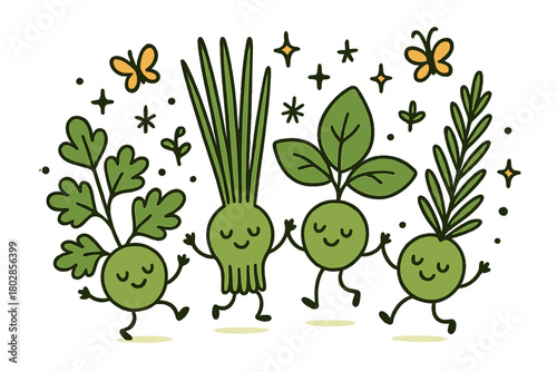 Dancing Smiling Herbs. Adorable doodle vector design of a bunch of smiling herbs dancing together, surrounded by doodle