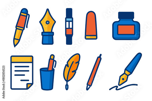 Writing Instruments Icons. Flat vector icons of Writing Instruments: fountain pen, nib, ink converter, cap, ink bottle, paper,