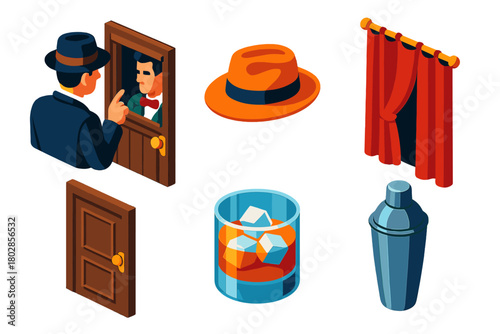 Speakeasy Icon Set. Isometric vector illustration set Speakeasy: Secret Password, Fedora, Velvet Curtain, Hidden Door, Whiskey