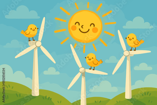 Sunlit Turbines and Birds. Cheerful sun shining on turbines, little birds perching on blades with tiny grins
