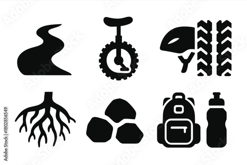 Off-Road Unicycling Icons. Solid style icons of Off-Road Unicycling: Dirt Path, Unicycle, Helmet, Tire Tread, Roots, Rocks,